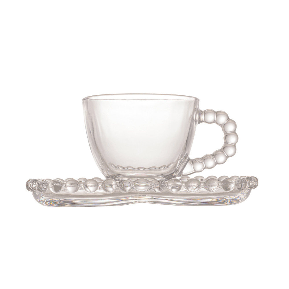 Jogo de Xícaras de Café Cristal Com Pires Coração Pearl 4 Peças - 85ml - Ela Decora
