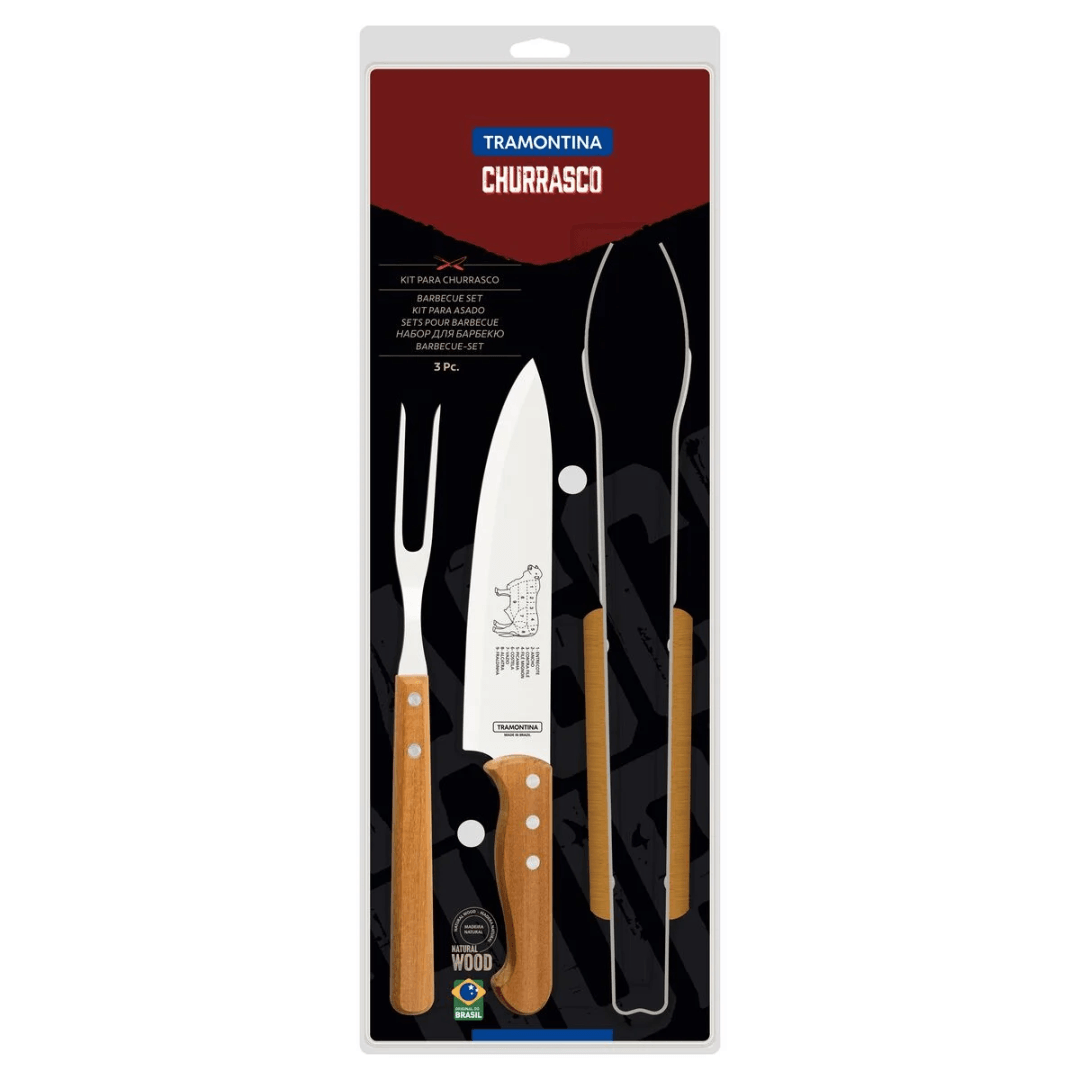 Jogo para Churrasco Aço Inox e Cabo de Madeira 3 Peças Tramontina - Ela Decora