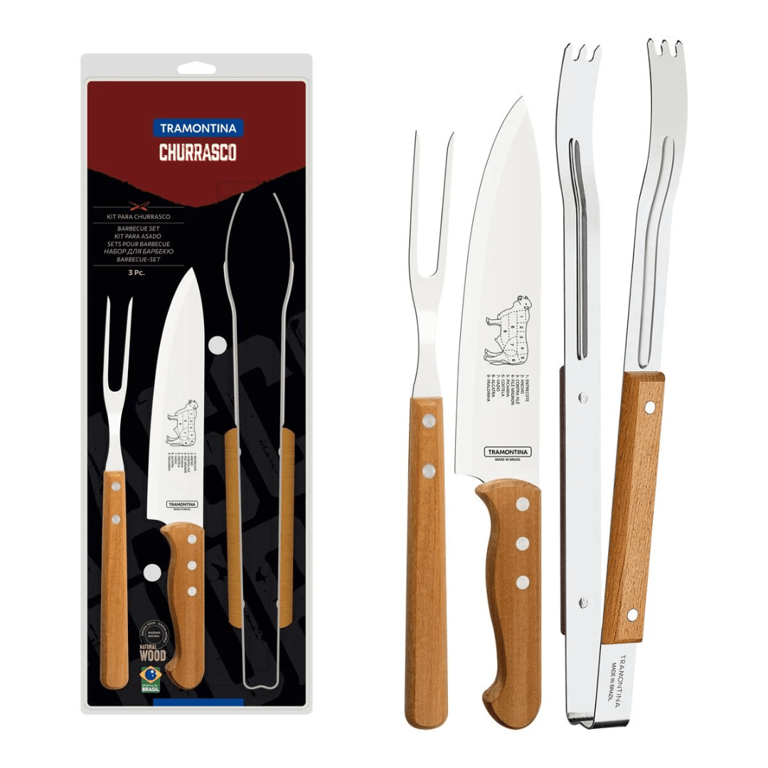 Jogo para Churrasco Aço Inox e Cabo de Madeira 3 Peças Tramontina - Ela Decora