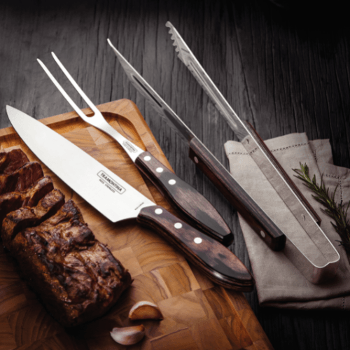 Jogo para Churrasco em Aço Inox e Cabo Castanho Polywood com Estojo 3 Peças Tramontina - Ela Decora