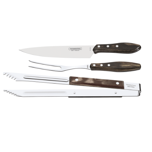 Jogo para Churrasco em Aço Inox e Cabo Castanho Polywood com Estojo 3 Peças Tramontina - Ela Decora
