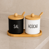 Jogo Porta Condimentos Doha Vidro com Colher e Base de Bambu 300ml 3 Peças - Ela Decora
