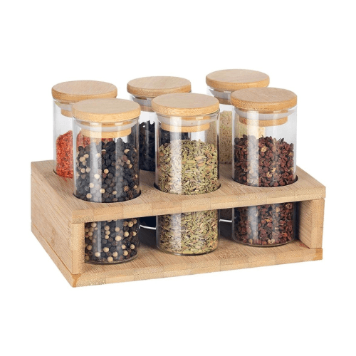 Jogo Porta Condimentos Suporte em Bambu 6 Peças 160ml - Ela Decora