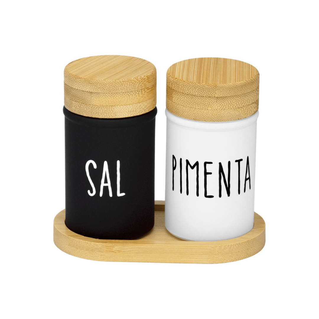 Jogo Saleiro e Pimenteiro com Suporte Doha 90ml 3 Peças - Ela Decora