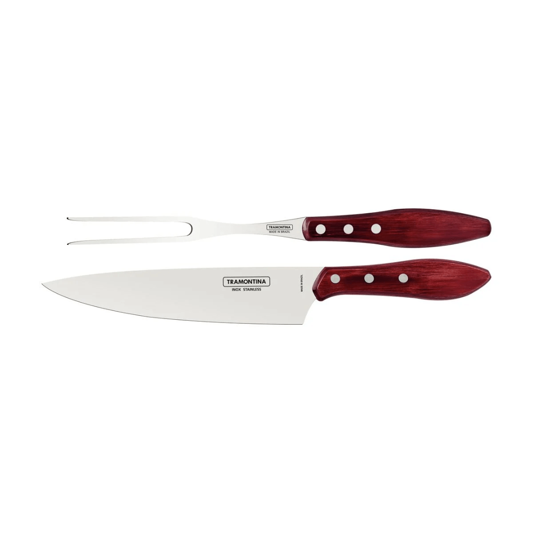 Jogo Trinchante para Churrasco Polywood Aço Inox e Cabo de Madeira Vermelho 2 Peças Tramontina - Ela Decora