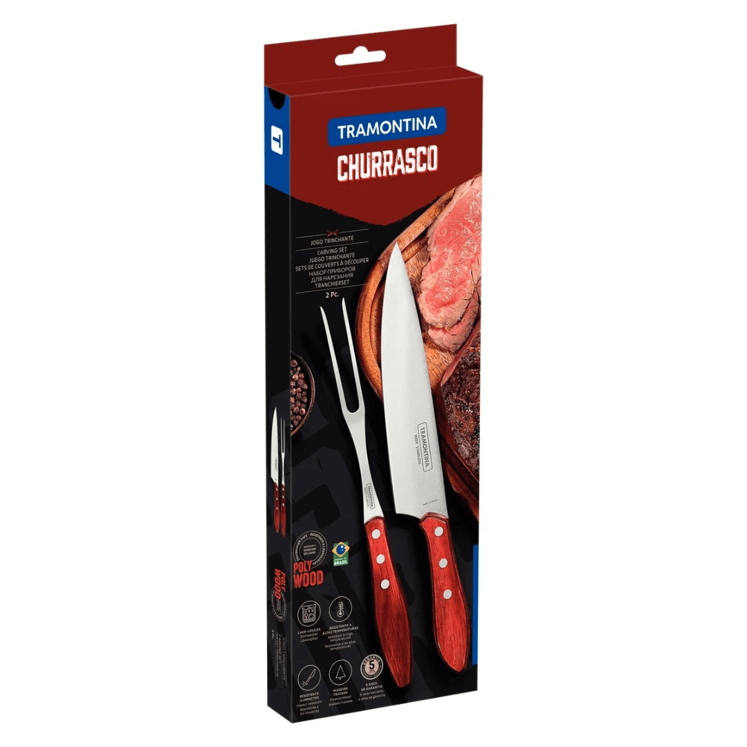 Jogo Trinchante para Churrasco Polywood Aço Inox e Cabo de Madeira Vermelho 2 Peças Tramontina - Ela Decora