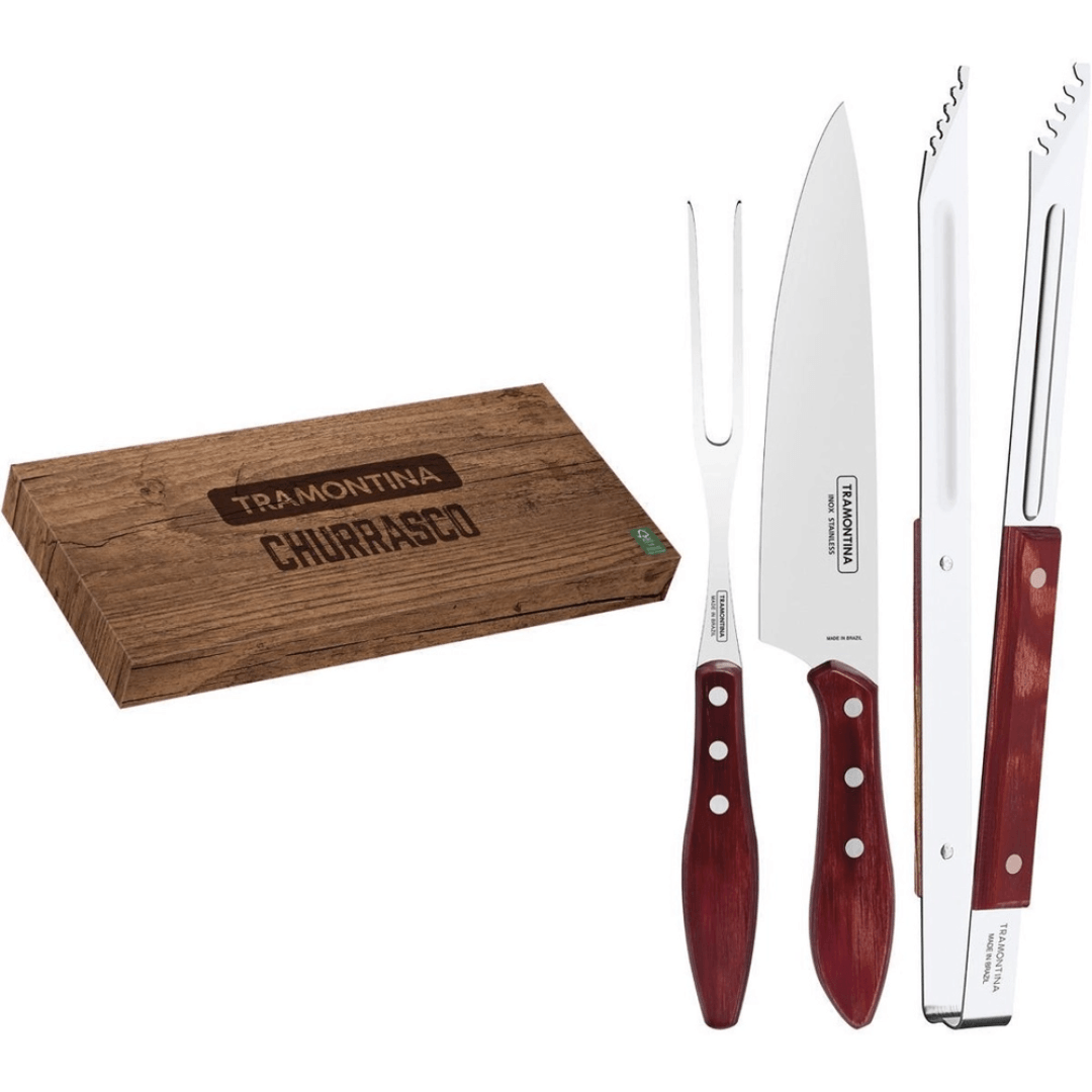 Jogo Trinchante para Churrasco Polywood Aço Inox e Cabo de Madeira Vermelho 4 Peças Tramontina - Ela Decora