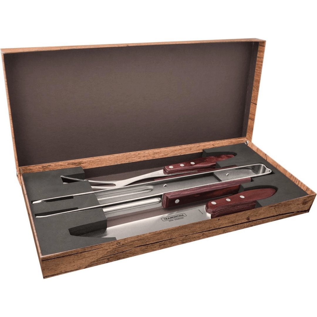 Jogo Trinchante para Churrasco Polywood Aço Inox e Cabo de Madeira Vermelho 4 Peças Tramontina - Ela Decora