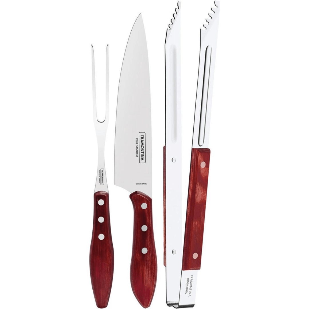 Jogo Trinchante para Churrasco Polywood Aço Inox e Cabo de Madeira Vermelho 4 Peças Tramontina - Ela Decora