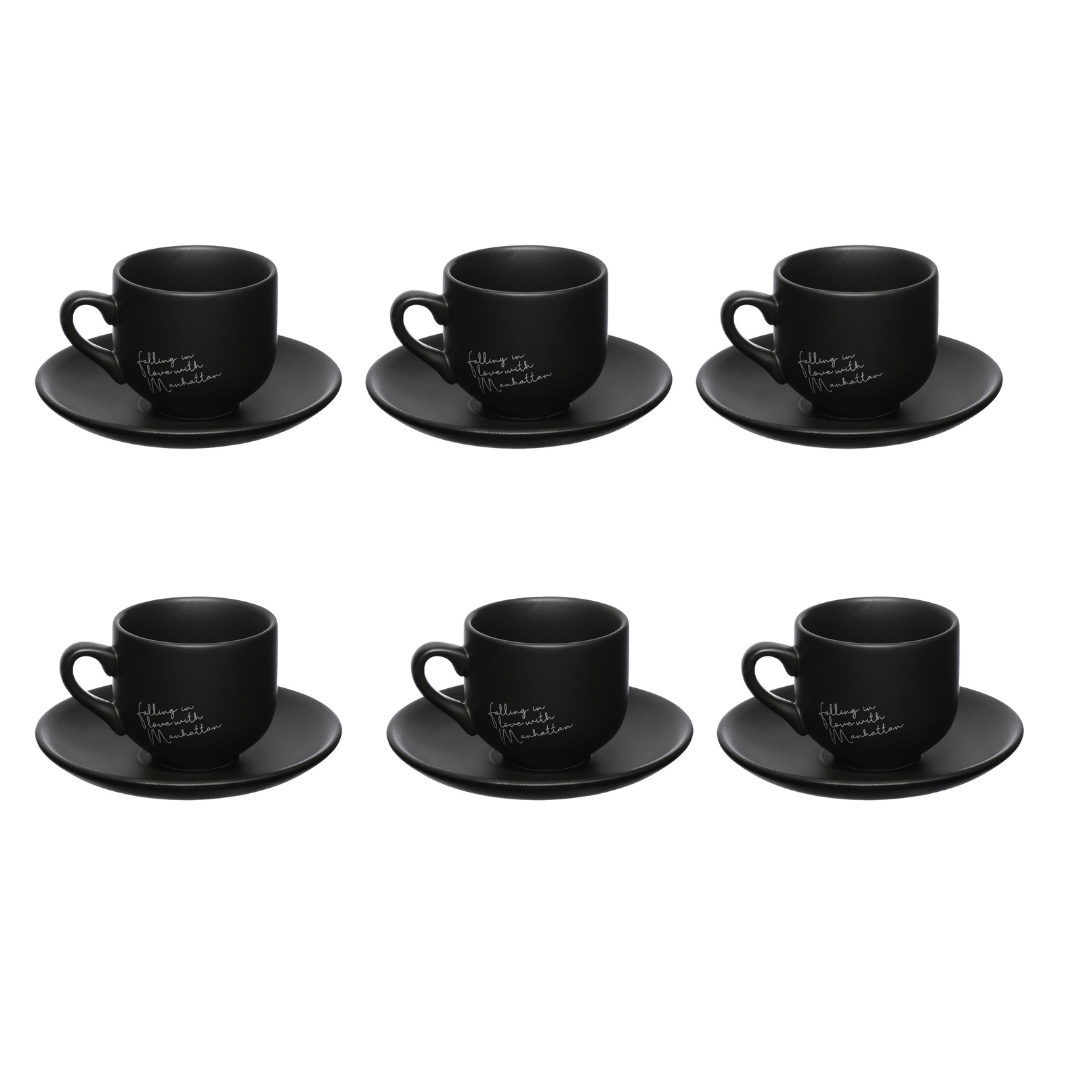 Jogo Xicara de Café com Pires em Porcelana Manhattan Preta 90ml 6 Peças - Ela Decora