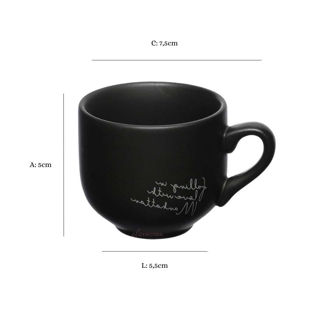 Jogo Xicara de Café com Pires em Porcelana Manhattan Preta 90ml 6 Peças - Ela Decora