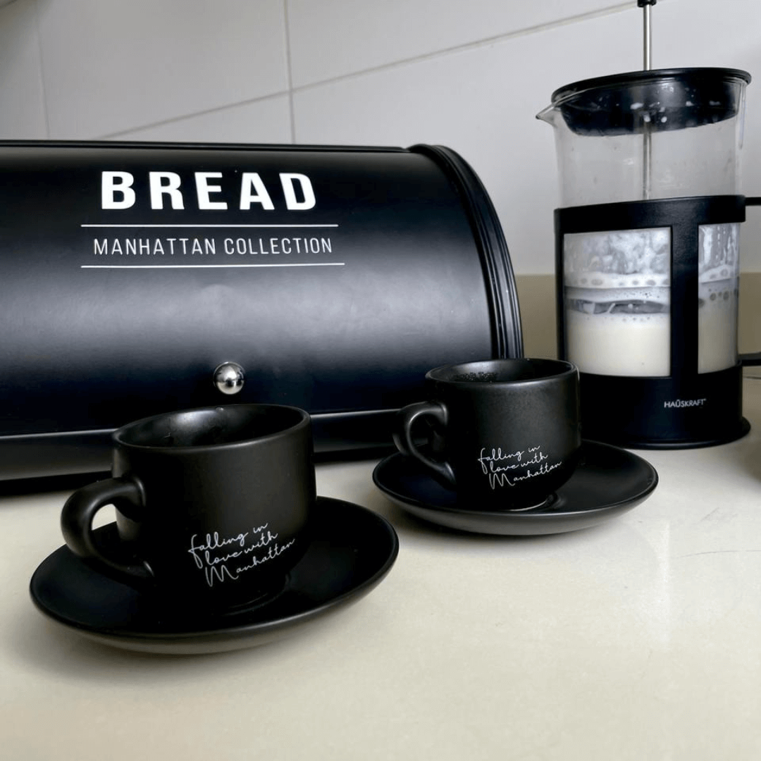 Jogo Xicara de Café com Pires em Porcelana Manhattan Preta 90ml 6 Peças - Ela Decora