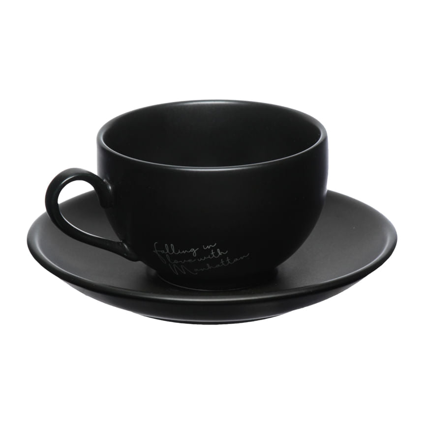 Jogo Xicara de Chá com Pires em Porcelana Manhattan Preta 160ml 6 Peças - Ela Decora