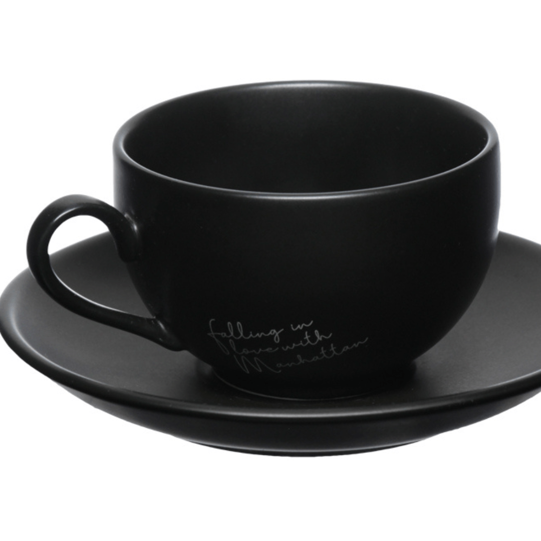 Jogo Xicara de Chá com Pires em Porcelana Manhattan Preta 160ml 6 Peças - Ela Decora