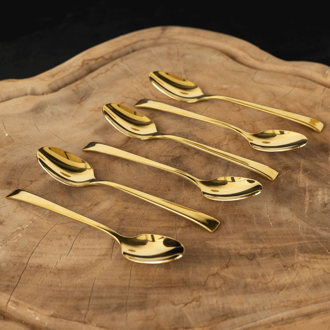 jogo de 6 colheres para café dourado brilhante