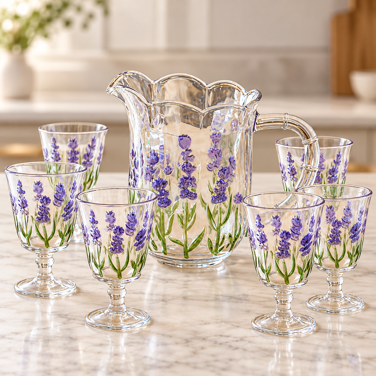 Jogo 1 Jarra com 6 Taças Cristal Lavanda Hand Painting