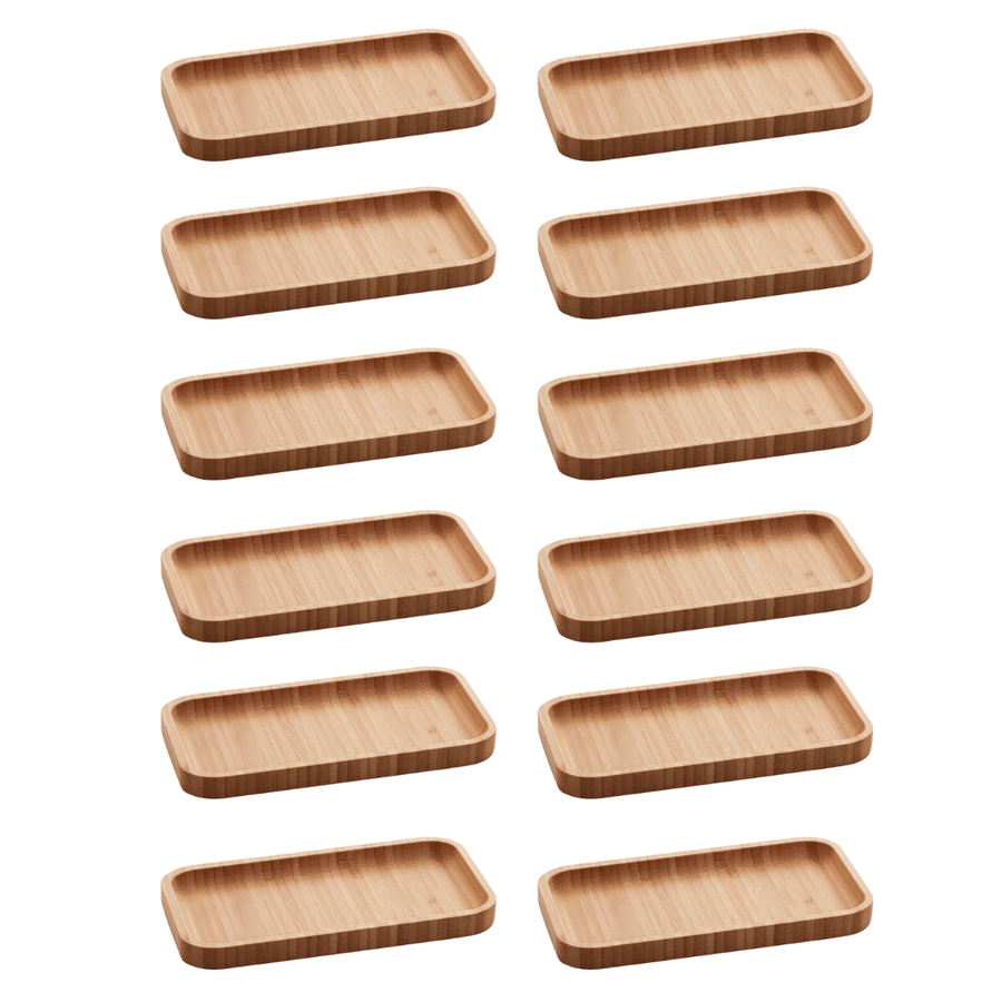 Doze bandejas petisqueiras de bambu dispostas em grade