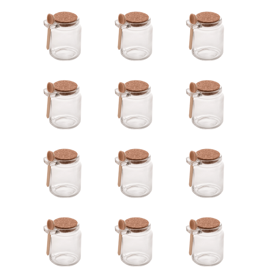 Kit 12 Potes de Vidro Tampa Rolha com Colher Bambu 240ml - Ela Decora