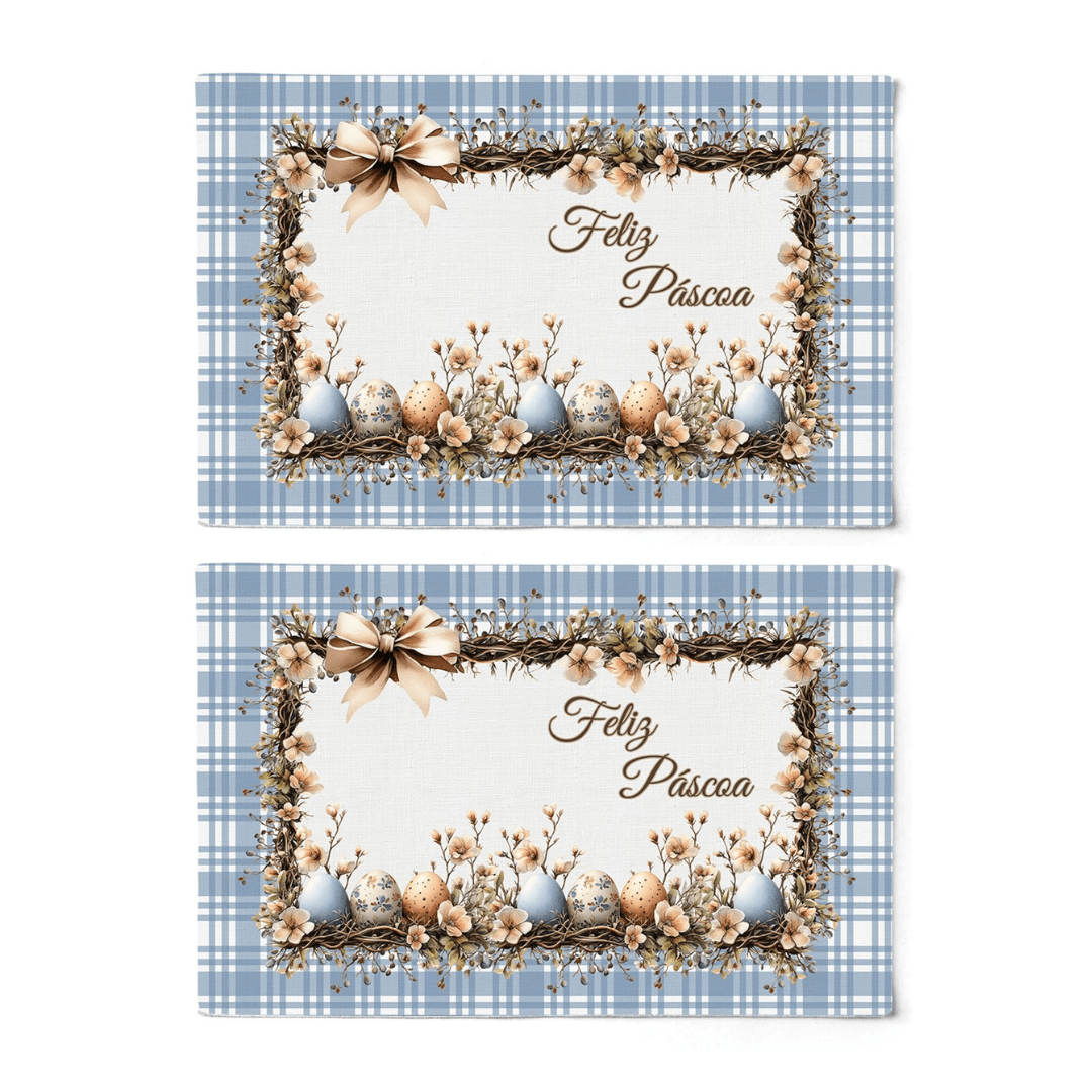Kit 2 Jogos Americano Feliz Páscoa Xadrez Azul 48cm - Ela Decora