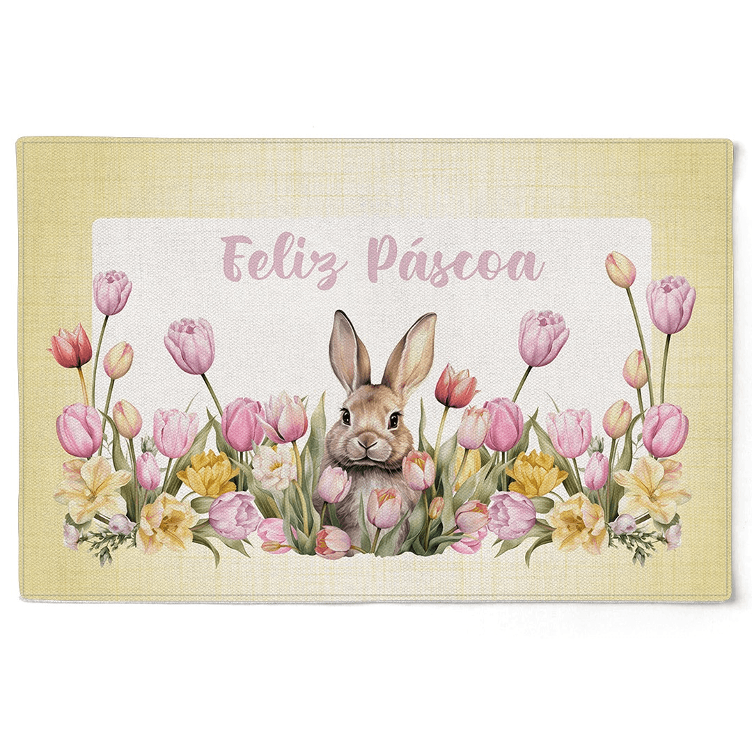 Kit 2 Jogos Americano Retangular Feliz Páscoa Coelho Branco e Amarelo 48cm - Ela Decora