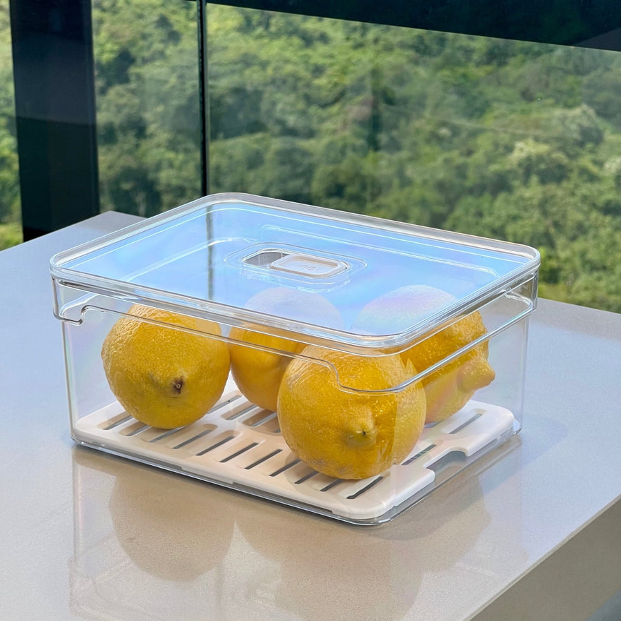 Organizador com tampa azul contendo limões em base drenante