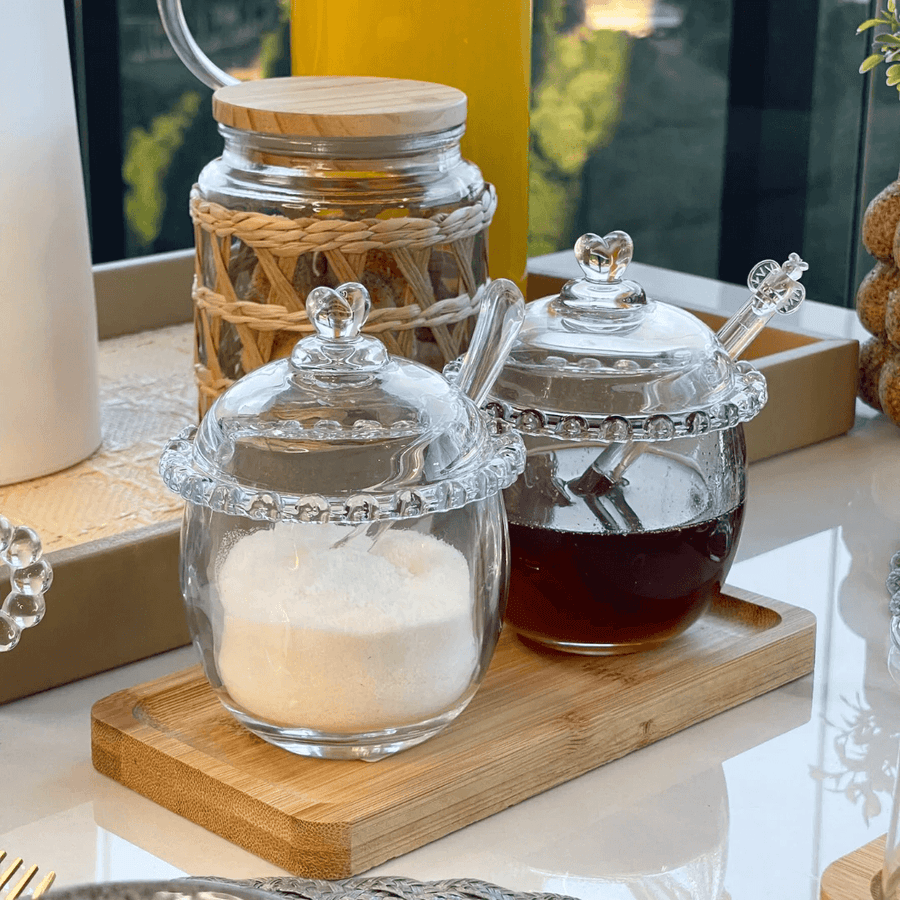 Kit 3 Peças Açucareiro, Meleira e Travessa Coração de Cristal - Ela Decora