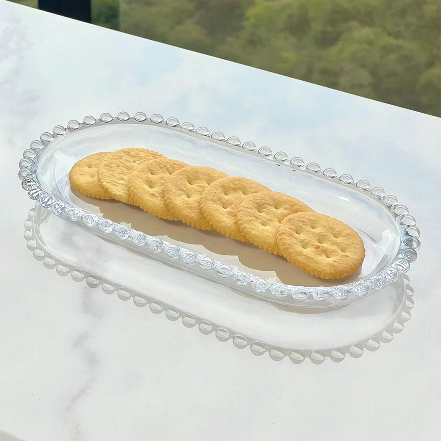 Travessa Pearl oval em vidro com detalhes em relevo para biscoitos