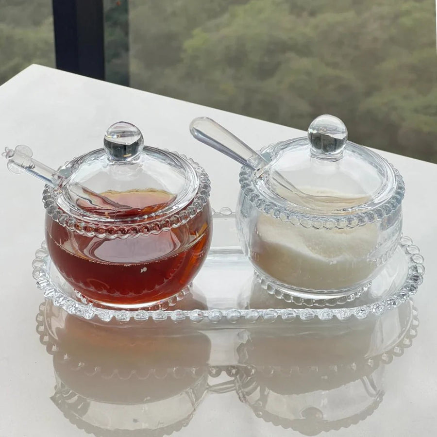 Kit 3 peças Pearl com meleira e açucareiro em cristal com travessa