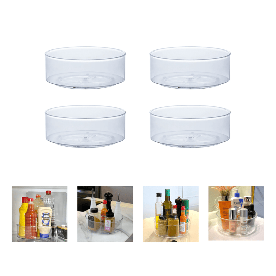 Quatro potes transparentes com tampa e base giratória isolados