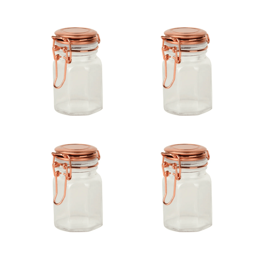 Quatro potes vazios vidro com tampa metal rose gold e trava hermética