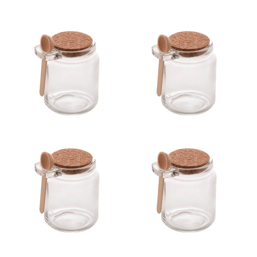 Kit potes vidro 240ml com colher bambu em fundo branco