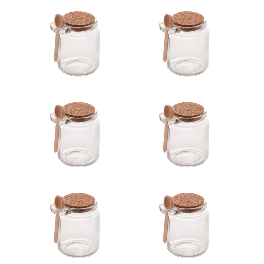 Kit 6 Potes de Vidro Tampa Rolha com Colher Bambu 240ml - Ela Decora