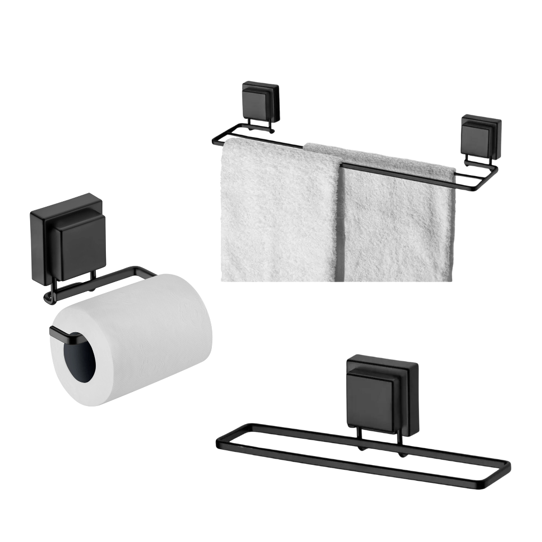 Kit Acessórios Banheiro Fixação Ventosa Preto Fosco 3 Peças - Ela Decora