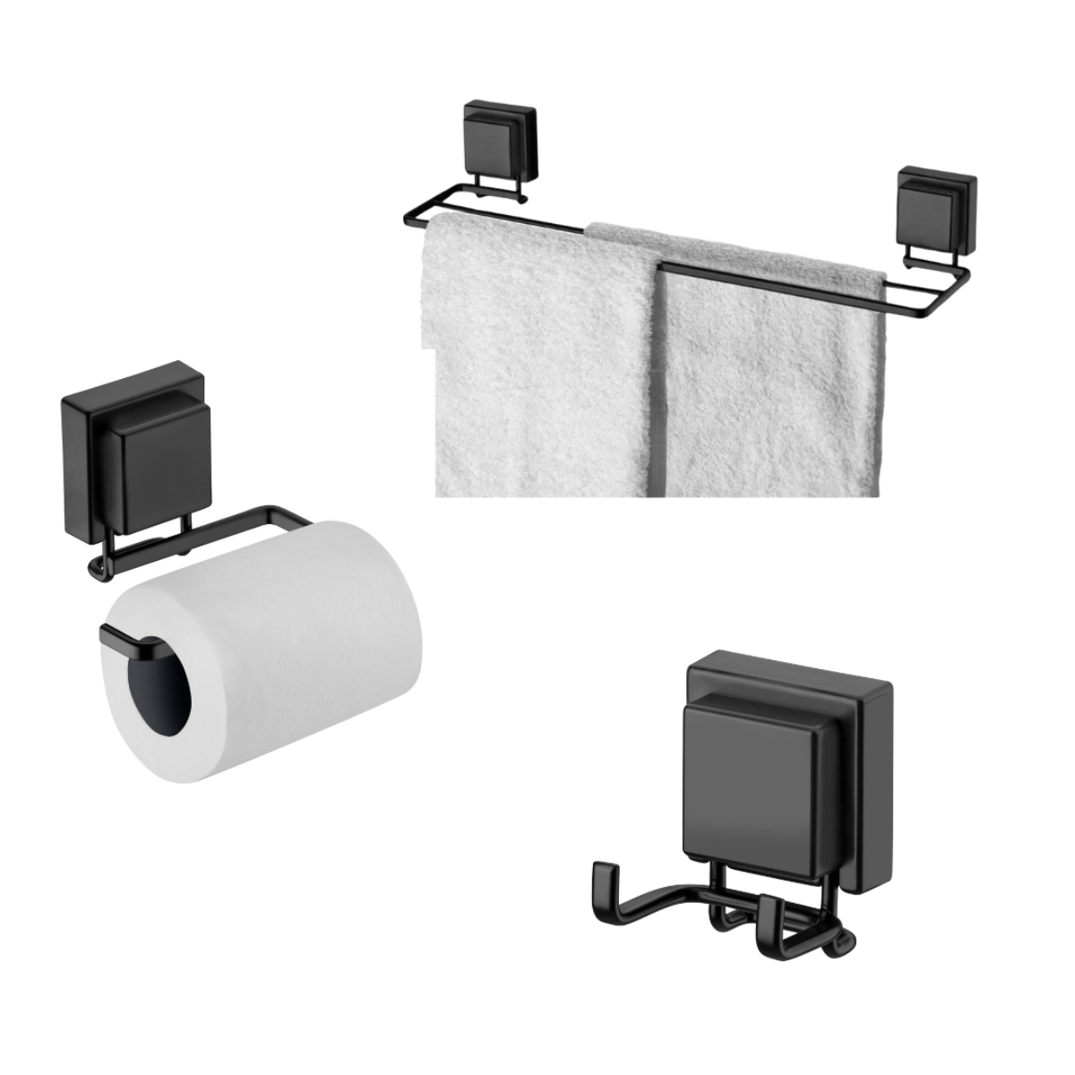 Kit Acessórios Banheiro Ventosa Preto Fosco 3 Peças - Ela Decora