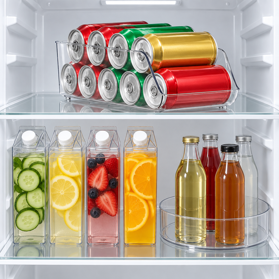 Kit Bebidas Geladas 6 Peças: porta latas com latas em fila, 4 garrafas My Box com água saborizada e giratório grande com garrafas na geladeira