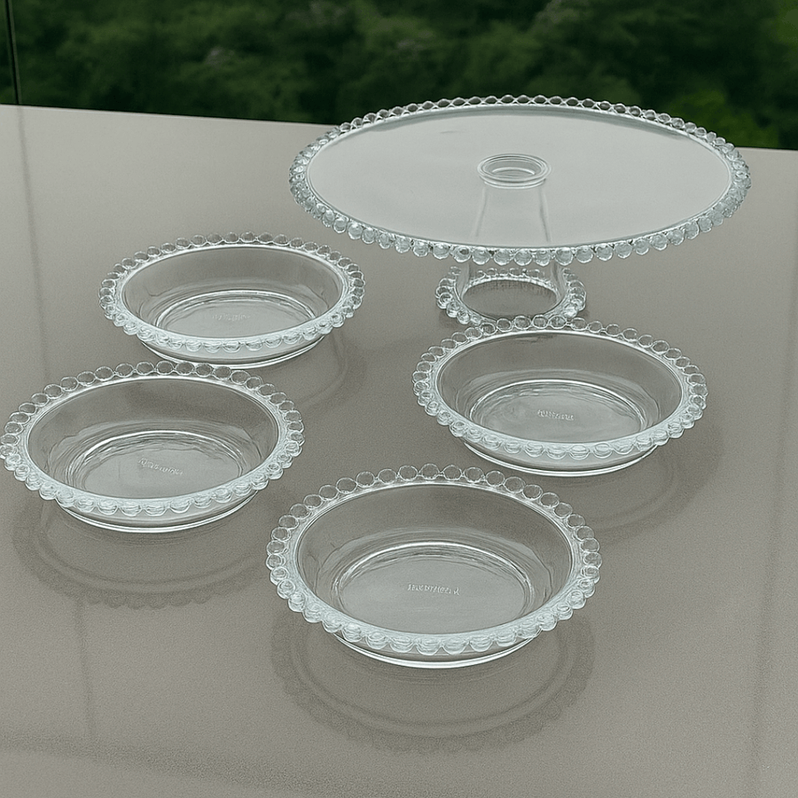 Kit Boleira e Jogo de Pratos Cristal Pearl 5 Peças - Ela Decora