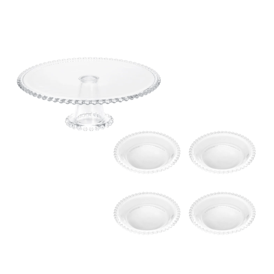 Kit Boleira e Jogo de Pratos Cristal Pearl 5 Peças - Ela Decora