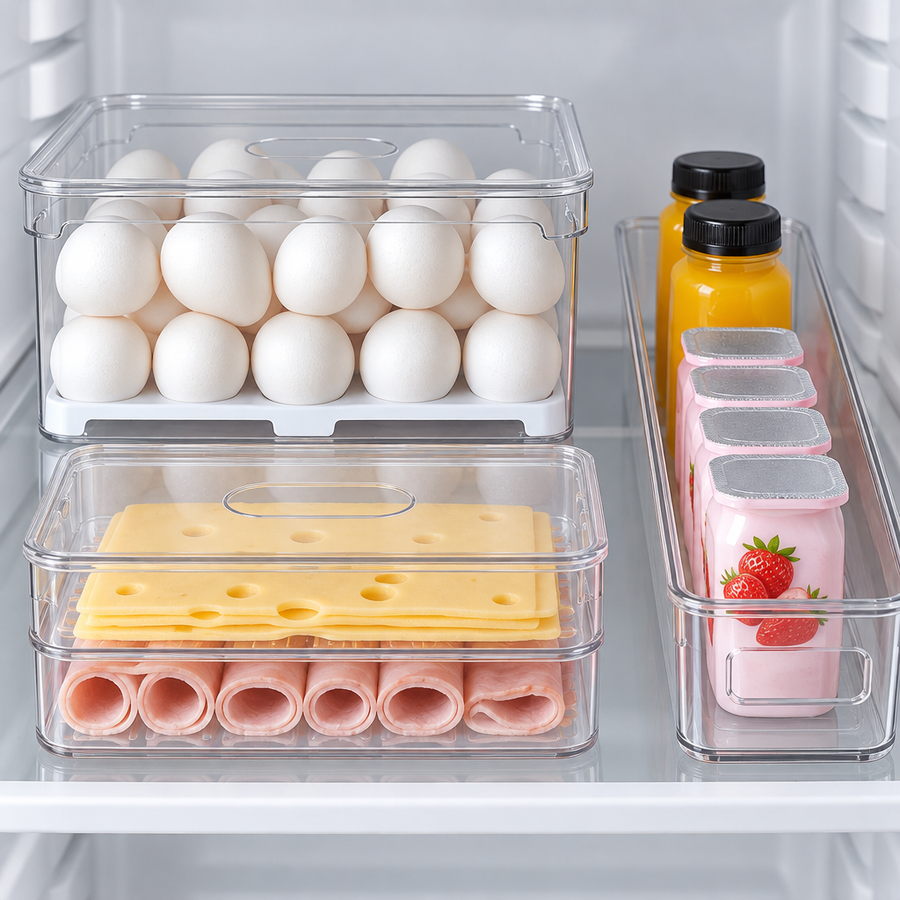 Kit Café da Manhã 3 Peças: bandeja de ovos com tampa, porta frios com queijo e presunto e organizador de 30 cm com iogurtes e sucos na geladeira