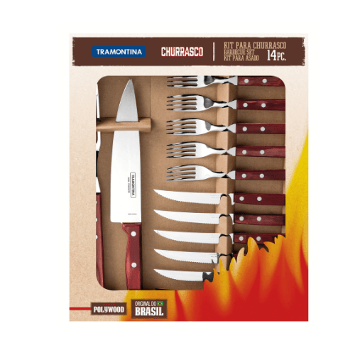 Kit Churrasco em Aço Inox com Cabo Vermelho Polywood 14 Peças Tramontina - Ela Decora