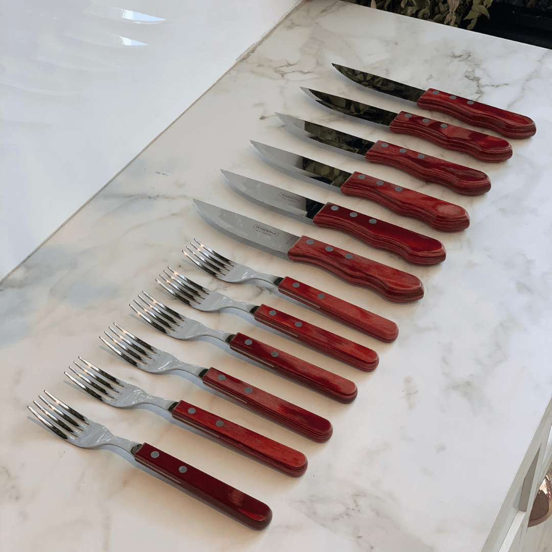 Kit Churrasco em Aço Inox com Cabo Vermelho Polywood 14 Peças Tramontina - Ela Decora