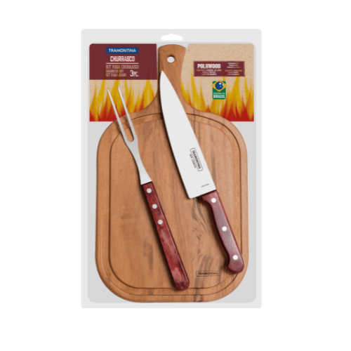 Kit Churrasco em Aço Inox e Cabo Vermelho Polywood com Tábua de Madeira 3 Peças Tramontina - Ela Decora