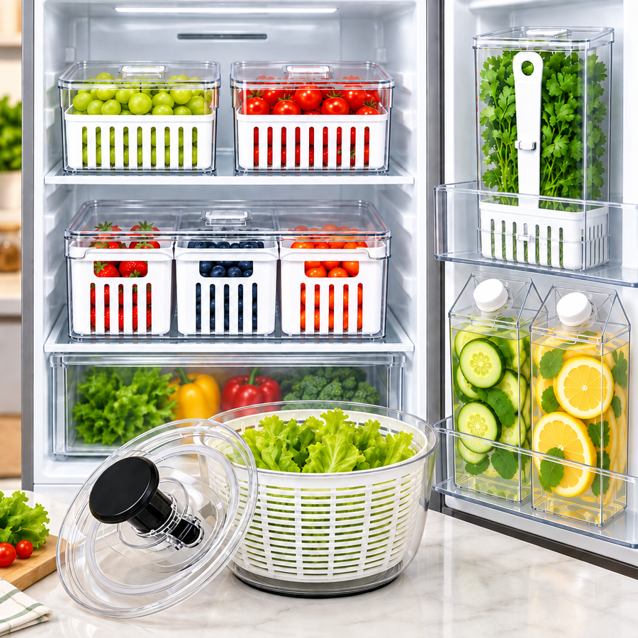 Kit Geladeira Fit Plus 7 Peças: Lava e Seca Saladas na bancada, potes com cesto com frutas, cesto triplo, pote de temperos frescos e 2 garrafas My Box na porta da geladeira