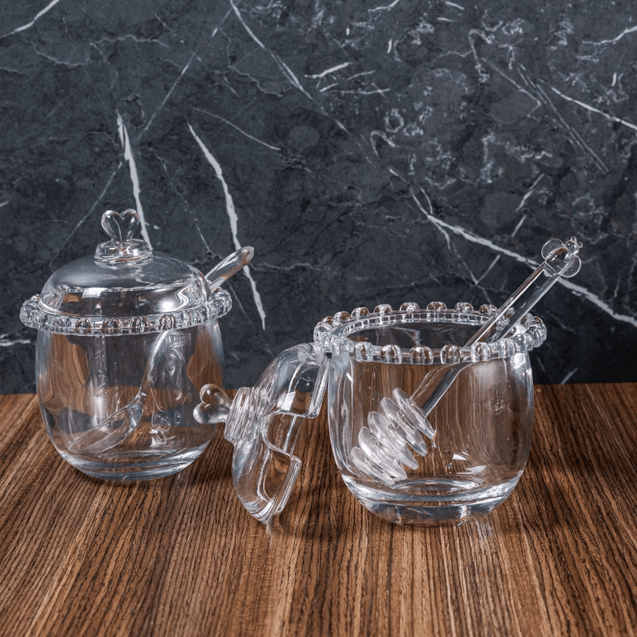 Kit Meleira + Açucareiro de Cristal Detalhes de Coração 2 Peças - Ela Decora