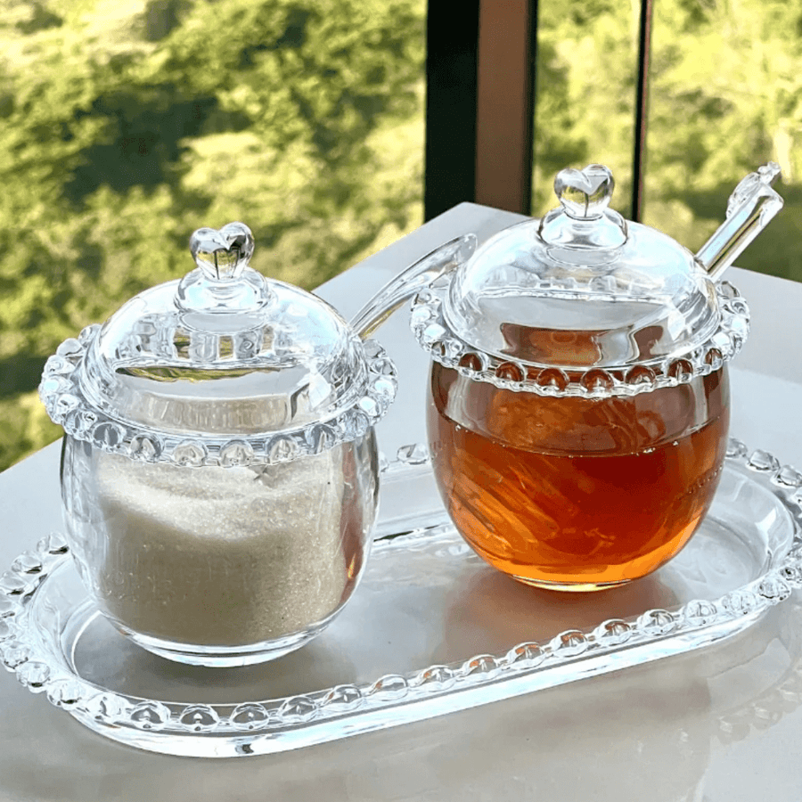 Kit Meleira + Açucareiro de Cristal Detalhes de Coração 2 Peças - Ela Decora