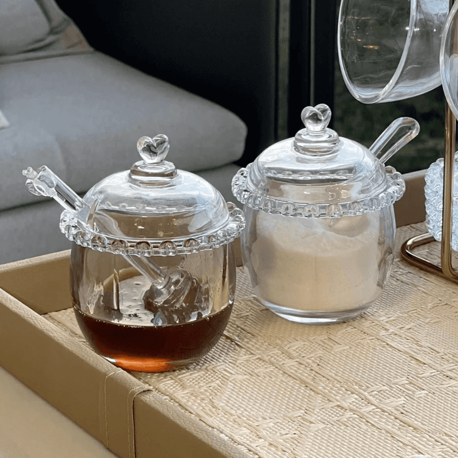 Kit Meleira + Açucareiro de Cristal Detalhes de Coração 2 Peças - Ela Decora