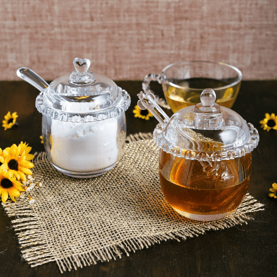 Kit Meleira + Açucareiro de Cristal Detalhes de Coração 2 Peças - Ela Decora