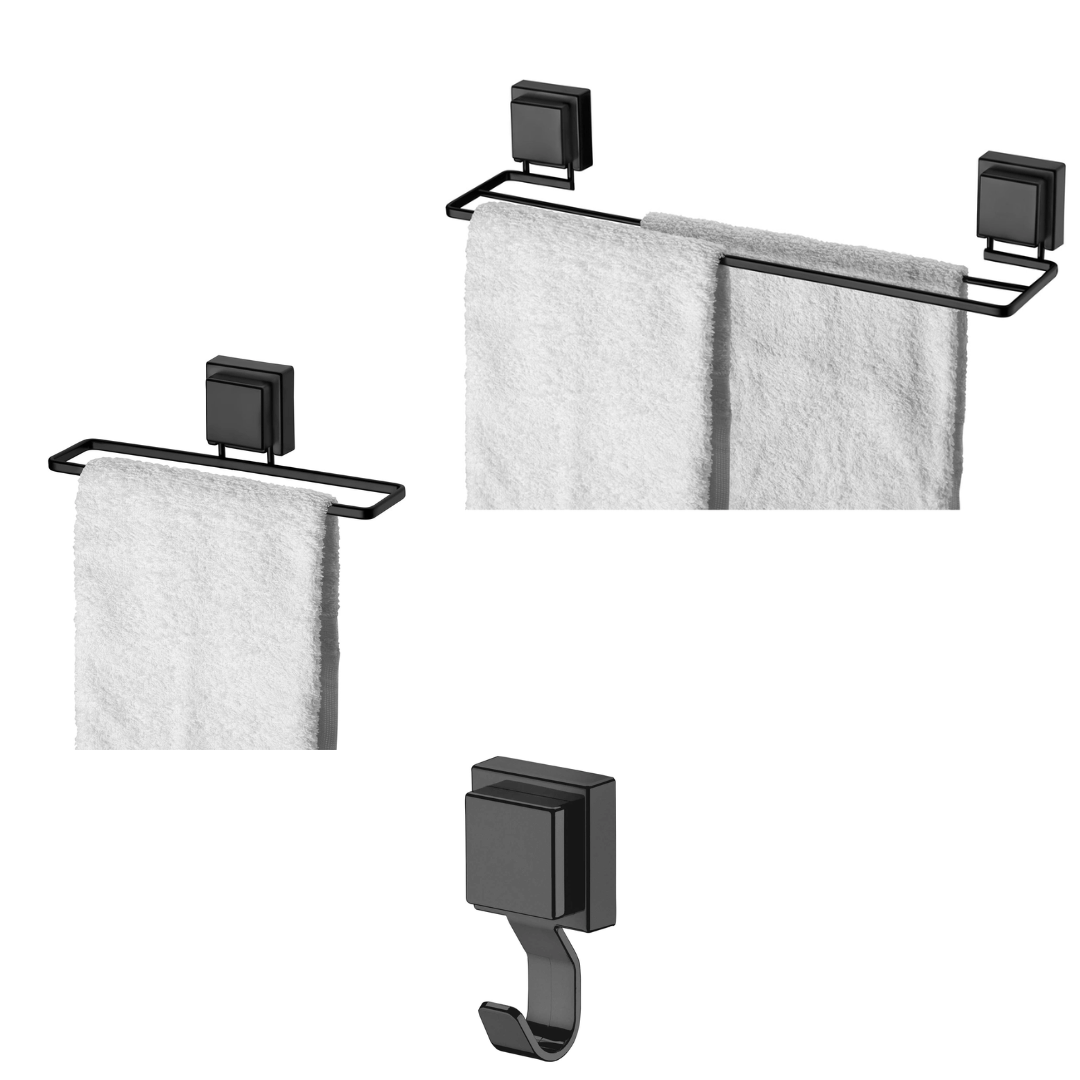 Kit para Banheiro Acessórios Ventosa Preto Fosco - 3 Peças - Ela Decora