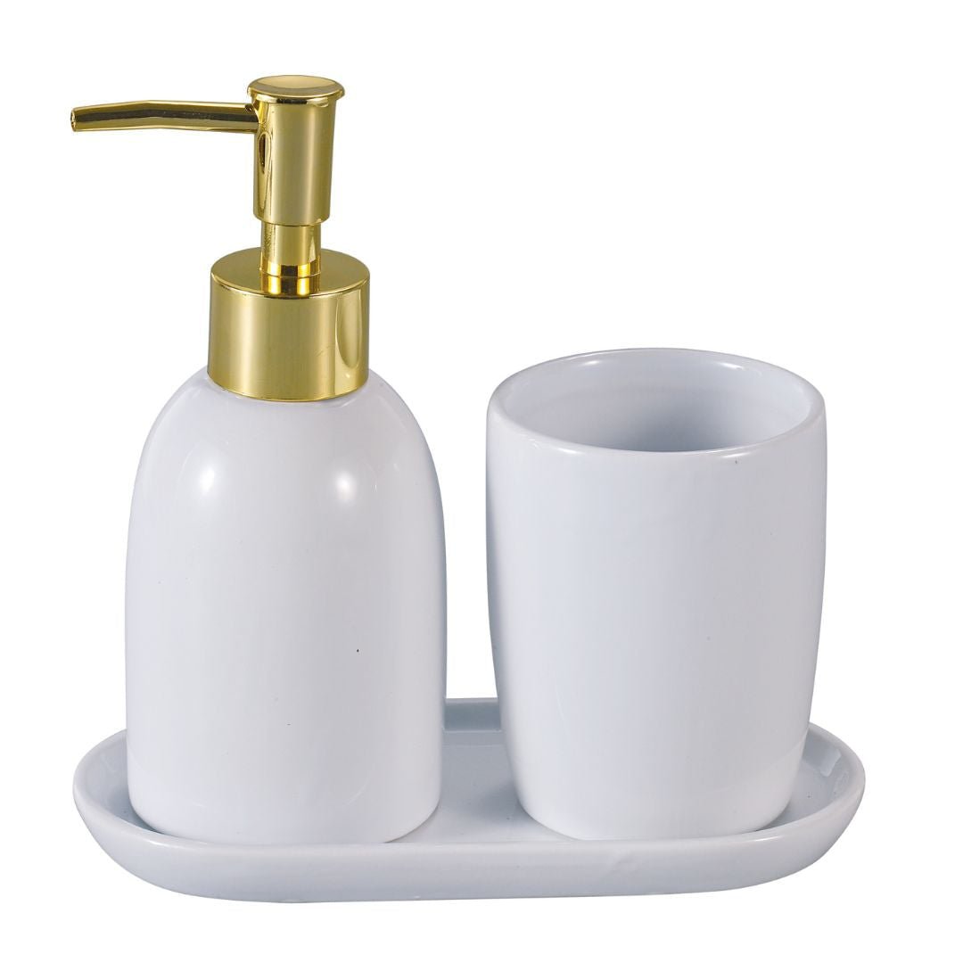 Kit para Banheiro Cerâmica Londres Branco e Dourado 3 Peças - Ela Decora