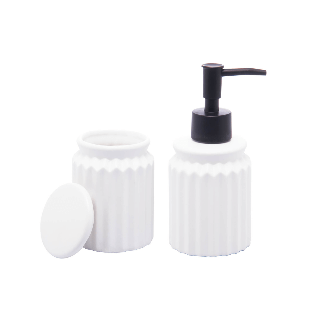 Kit para Banheiro em Cerâmica Stripes Branco 2 Peças - Ela Decora