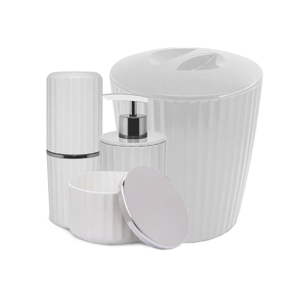 Kit para Banheiro Groove com Lixeira Branco - 4 Peças - Ela Decora